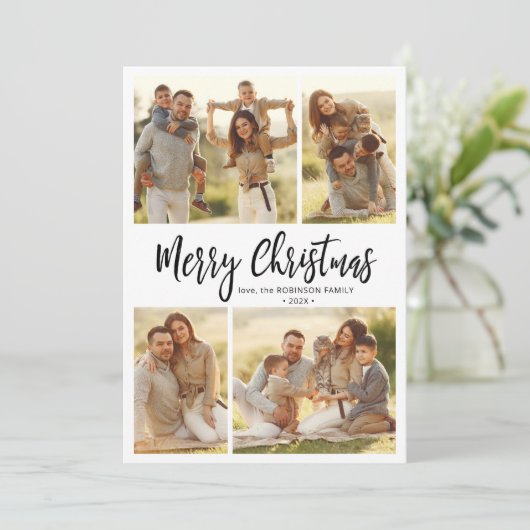 Kalligrafie Buffalo Plaid 4 Multi Photo Christmas Feestdagenkaart (Staand voorkant)