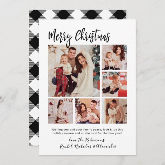 Kalligrafie Buffalo Plaid 6 Multi Photo Christmas Feestdagenkaart (Voorkant / Achterkant)