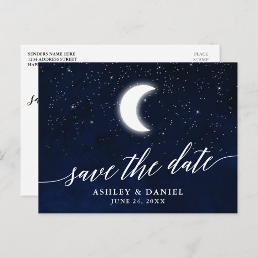 Kalligrafie Celestial Moon Stars Save The Date Briefkaart (Voorkant / Achterkant)