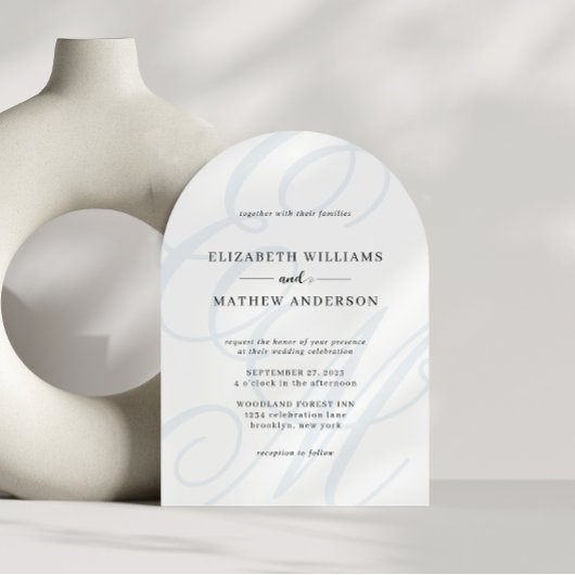 Kalligrafie Dusty Blue Monogram Boog Wedding Kaart
