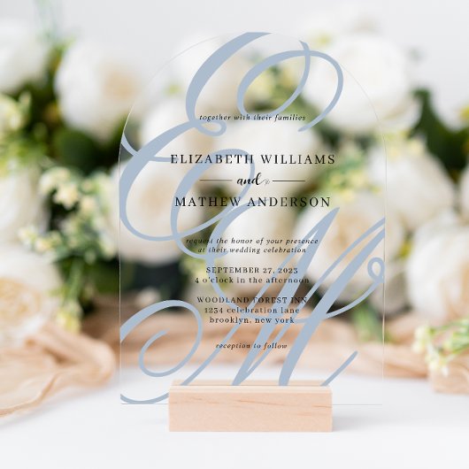 Kalligrafie Dusty Blue Monogram Wedding Arch Acryl Uitnodigingen