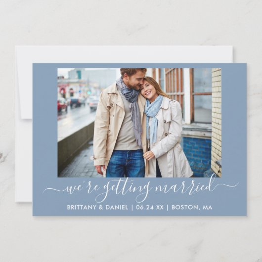 Kalligrafie Dusty Blue Trouwen Save The Date (Voorkant)