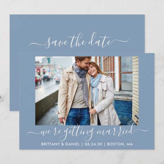 Kalligrafie Dusty Blue Trouwen Save The Date (Voorkant / Achterkant)