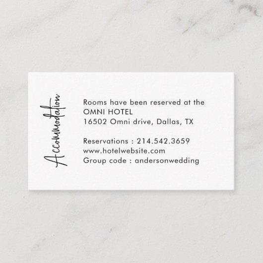 Kalligrafie Eenvoudige Trouwaccommodaties Informatiekaartje (Voorkant)