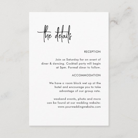 Kalligrafie Eenvoudige Trouwdetails Informatiekaartje (Voorkant)