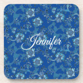 Kalligrafie Elegant Blauw Bloemen Aangepaste Naam Bier Onderzetter (Voorkant)