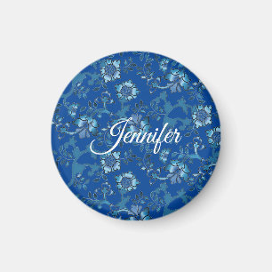 Kalligrafie Elegant Blauw Bloemen Aangepaste Naam Magneet