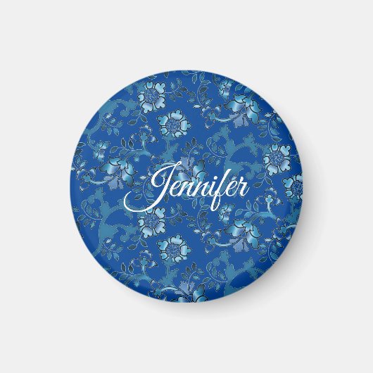 Kalligrafie Elegant Blauw Bloemen Aangepaste Naam Magneet (Voorkant)