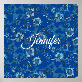 Kalligrafie Elegant Blauw Bloemen Aangepaste Naam Poster