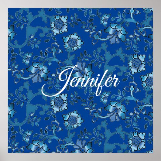 Kalligrafie Elegant Blauw Bloemen Aangepaste Naam Poster (Voorkant)