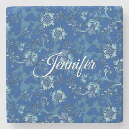 Kalligrafie Elegant Blauw Bloemen Aangepaste Naam Stenen Onderzetter (Voorkant)