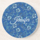 Kalligrafie Elegant Blauw Bloemen Aangepaste Naam Zandsteen Onderzetter (Voorkant)