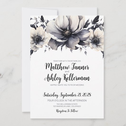 Kalligrafie Elegant Zwart Wit Bloemen Bruiloft Kaart (Voorkant)