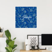 Kalligrafie Elegante Blauwe Bloemige Aangepaste Na Poster (Thuiskantoor)