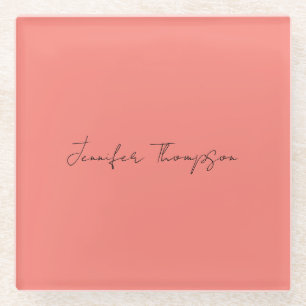 Kalligrafie Elegante koraal Roze Eenvoudige Naam Glazen Onderzetter