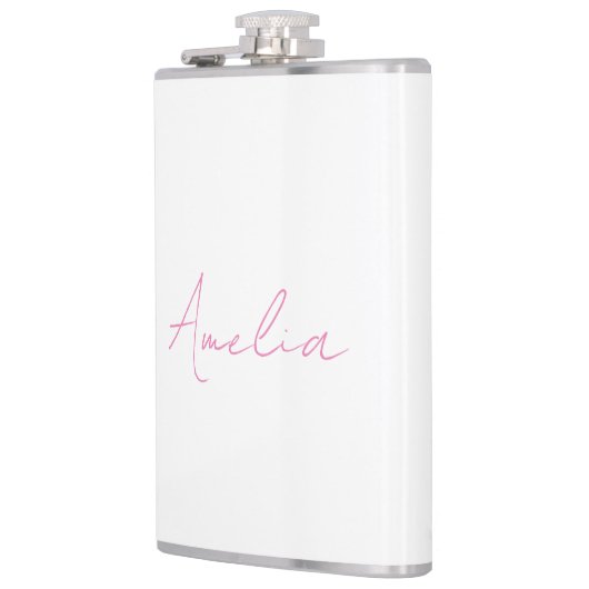 Kalligrafie Elegante Roze Witte Aangepaste Naam Heupfles (Links)