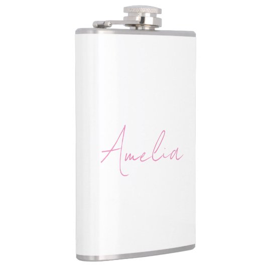 Kalligrafie Elegante Roze Witte Aangepaste Naam Heupfles (Rechts)