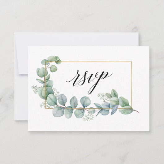 Kalligrafie Eucalyptus groen gouden bruiloft maalt RSVP Kaartje (Voorkant)