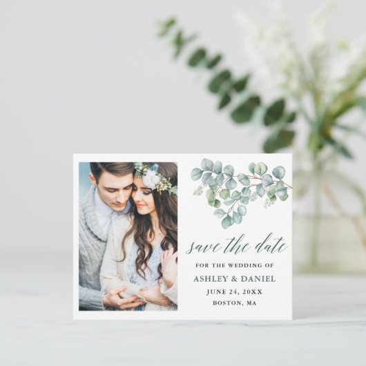 Kalligrafie Eucalyptus laat groen de datum bewaren Briefkaart (Staand voorkant)