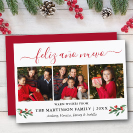 Kalligrafie Feliz Ano Nuevo 3 Foto Red Holly Feestdagenkaart