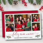 Kalligrafie Feliz Ano Nuevo 5 Foto Red Holly Feestdagenkaart<br><div class="desc">Moderne kalligrafie Script 5 Fotofamilie Fotocollage Feliz Ano Nuevo Happy New Year Kaart bevat Waterverf Kerst Holly Berries - Red Script</div>