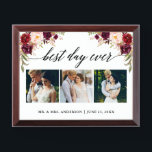 Kalligrafie Floral Best Day Ever Wedding Plaque Troffee Gedenkplaat<br><div class="desc">Calligrafie 3 Foto Best Day Ever,  Waterverf Burgundy Marsala Floral,  Wedding Plaque</div>