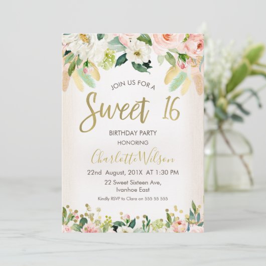 Kalligrafie Floral Boho 16e verjaardag uitnodiging (Staand voorkant)