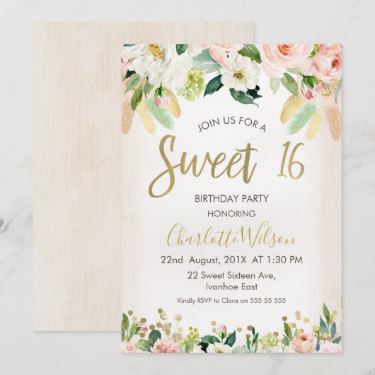 Kalligrafie Floral Boho 16e verjaardag uitnodiging (Voorkant / Achterkant)