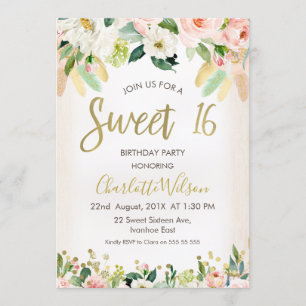 Kalligrafie Floral Boho 16e verjaardag uitnodiging