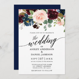 Kalligrafie Floral Burgundy Blue Pink Wedding Kaart