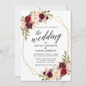 Kalligrafie Floral Burgundy Geometric Wedding Kaart (Voorkant)