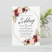 Kalligrafie Floral Burgundy Geometric Wedding Kaart (Staand voorkant)