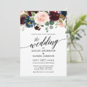 Kalligrafie Floral Burgundy Pink Blue Wedding Kaart (Staand voorkant)