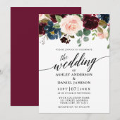 Kalligrafie Floral Burgundy Pink Blue Wedding Kaart (Voorkant / Achterkant)
