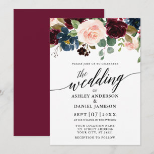 Kalligrafie Floral Burgundy Pink Blue Wedding Kaart