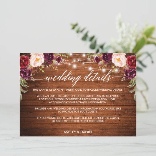 Kalligrafie Floral Lights Wedding Details Card Save The Date (Staand voorkant)