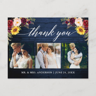 Kalligrafie Floral Wedding Blue Wood Dank je Briefkaart
