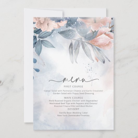 Kalligrafie Floral Wedding Menu Blue ID771 (Voorkant)