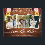 Kalligrafie Floral Wood Burgundy bespaart datum Briefkaart<br><div class="desc">Het moderne Manuscript van de Kalligrafie,  RusticHout en Koord lichten,  de Floral van de Waterverf Burgundy sparen de Aankondiging van het Verloving van de Datum Briefkaart 3 van de Foto. Bourgogne Rozen,  roze rozen,  rode rozen,  zonnebloemen en botanische groen.</div>