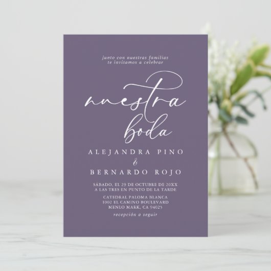 Kalligrafie Formele Paarse Nuestra Boda Bruiloft Kaart (Staand voorkant)