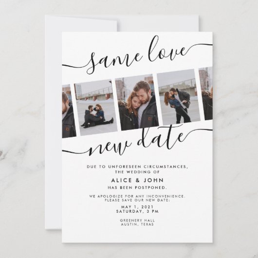 Kalligrafie Foto Dezelfde Liefde Nieuwe Datum Trou Aankondiging (Voorkant)
