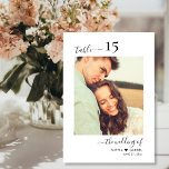 Kalligrafie Foto Monogram Bruiloft Dubbelzijdig Kaart<br><div class="desc">Elegante kalligrafie Script HeartWedding Tafelnummers Dubbelzijdig met aangepaste gepersonaliseerde foto. Help uw gasten eenvoudig hun weg te vinden met deze eenvoudige elegante dubbelzijdige tafelnummerkaarten. Gemakkelijk om de foto's, nummers, monogram namen met hart en datum toe te voegen! Beschikt over een hand belettering kalligrafie "de bruiloft van", "tafel" swash staart lettertype...</div>