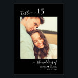 Kalligrafie Foto Monogram Zwart Bruiloft Kaart<br><div class="desc">Elegante kalligrafie Script Heart Black Wedding Table Numbers Dubbelzijdig met aangepaste gepersonaliseerde foto. Help uw gasten eenvoudig hun weg te vinden met deze eenvoudige elegante dubbelzijdige tafelnummerkaarten. Gemakkelijk om de foto's, nummers, monogram namen met hart en datum toe te voegen! Beschikt over een hand belettering kalligrafie "de bruiloft van", "tafel"...</div>