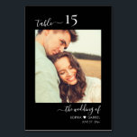 Kalligrafie Foto Monogram Zwart Bruiloft Kaart<br><div class="desc">Elegante kalligrafie Script Heart Black Wedding Table Numbers Dubbelzijdig met aangepaste gepersonaliseerde foto. Help uw gasten eenvoudig hun weg te vinden met deze eenvoudige elegante dubbelzijdige tafelnummerkaarten. Gemakkelijk om de foto's, nummers, monogram namen met hart en datum toe te voegen! Beschikt over een hand belettering kalligrafie "de bruiloft van", "tafel"...</div>