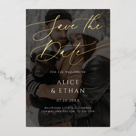 Kalligrafie foto overlay bruiloft opslaan van de d folie uitnodiging (Voorkant)