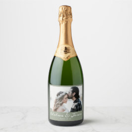 Kalligrafie Foto Sage Green Wedding Party Sparkling Wijnetiket