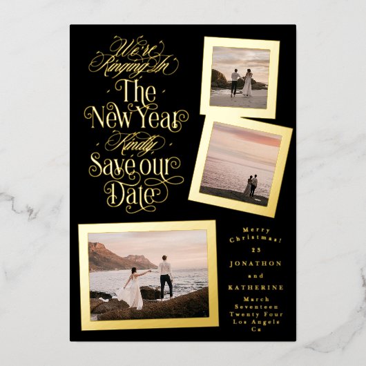 Kalligrafie Fotocollage Nieuwjaar Vrolijk Kerstfee Folie Feestdagenkaart (Voorkant)