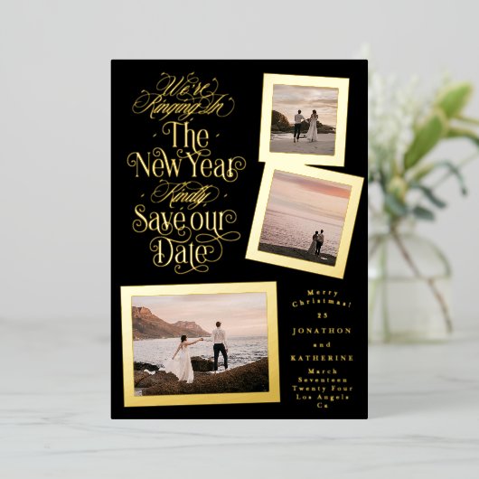 Kalligrafie Fotocollage Nieuwjaar Vrolijk Kerstfee Folie Feestdagenkaart (Staand Voorkant)