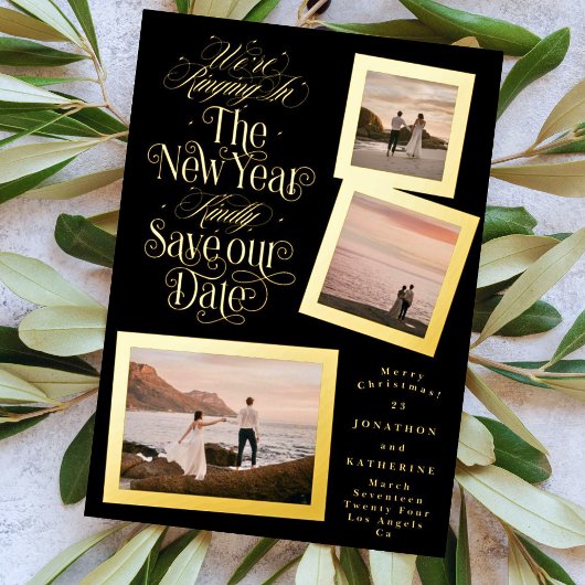 Kalligrafie Fotocollage Nieuwjaar Vrolijk Kerstfee Folie Feestdagenkaart