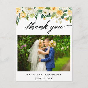 Kalligrafie Geel Bloemstuk Bruiloft Foto Bedankt Briefkaart